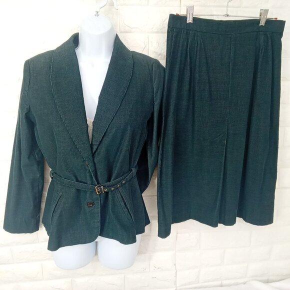 Vintage '70s 2-pc Set Suit Corduroy Blazer Belted + Skirt Kick Pleat S/M(6-8) - Picture 1 of 10